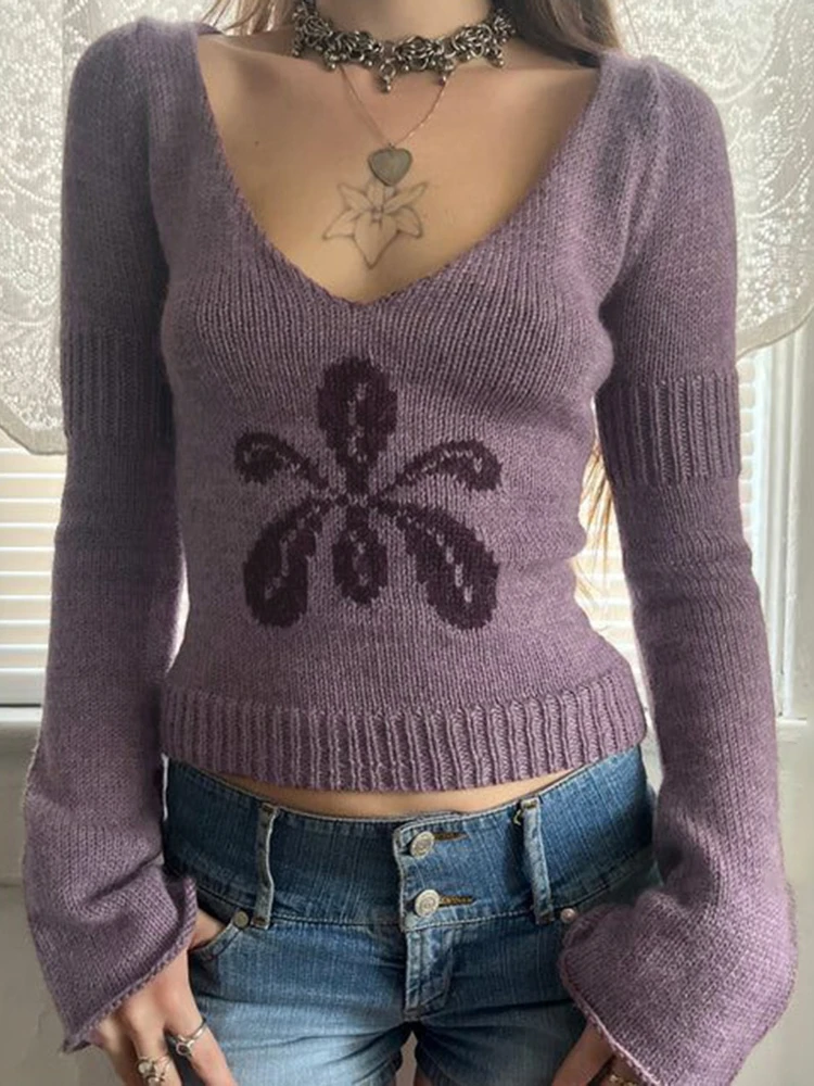 

Korobov Autumn Korean Casual All Match V Neck Long Sleeve Slim Flower Jacquard Knitted Pullover