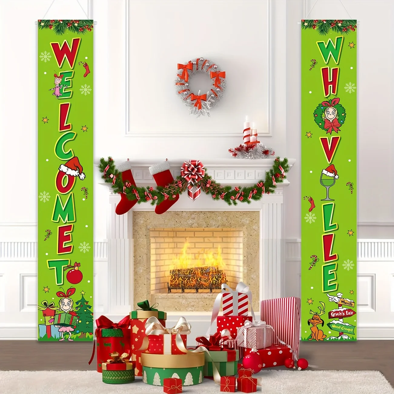 لافتة لافتة شرفة عيد الميلاد المجيد، لافتة ترحيب معلقة للباب الأمامي باللون الأخضر لعيد الميلاد، حفلة عطلة موسمية لعيد الميلاد