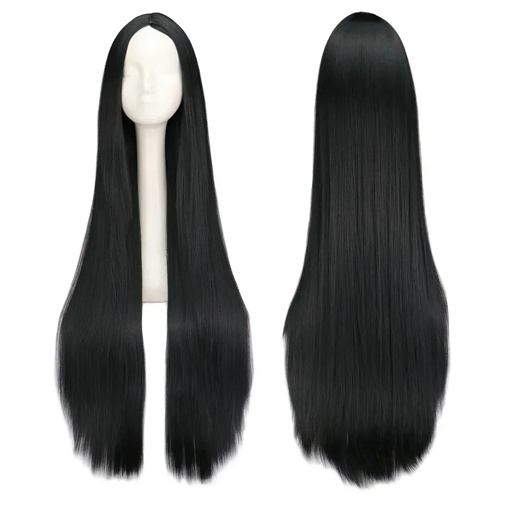 100CM 40 Inch Long Straight Black Synthetic Wig Heat Resistant Full Hair Wig For Women Halloween Carnival Cosplay Party Costume