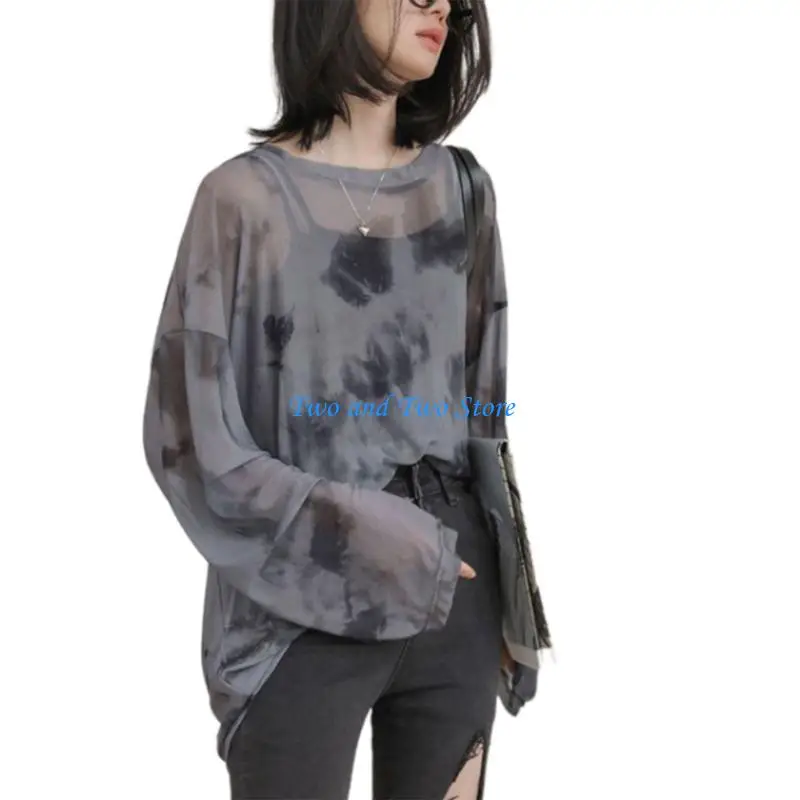 

HX6F Tie Dye Sheer Mesh Long Sleeve T-Shirt for Women Oversized Grunge Blouse Top