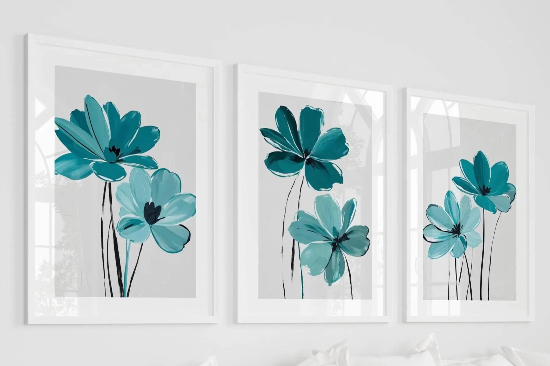 3pcs frameless Canvas Painting Teal Abstract Floral Canvas Prints, Minimalist Watercolor Flower Wall Art, Modern Botanical Poste
