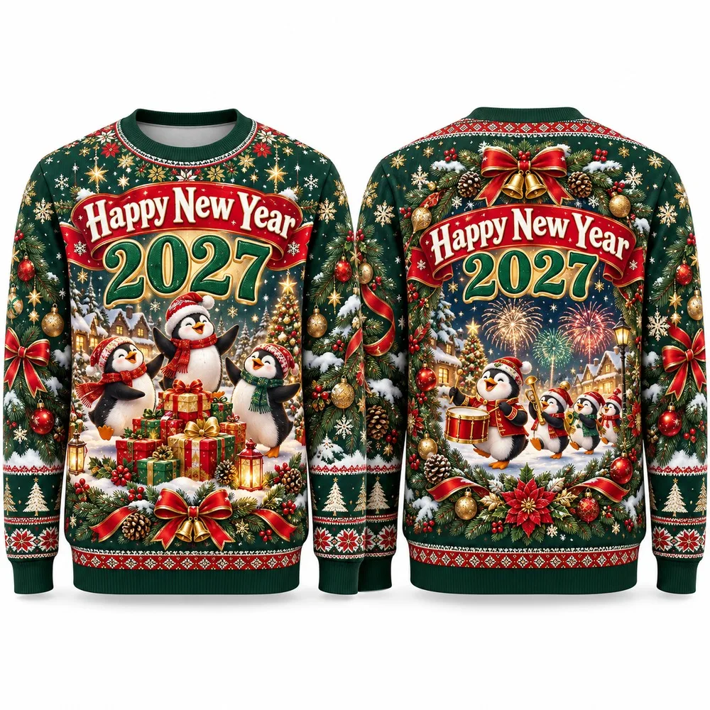 New Penguin Parade Welcomes Happy New Year 2027 with Sweaters and an Ugly Christmas Sweater Graphic of Ice Trees and Baubles