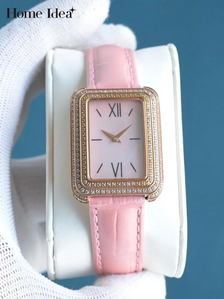 Reloj de Pulsera para Mujer con Diamantes de Moissanita Rectangulares, Correa de Cuero Genuino, Cierre de Hebilla, Estilo Casual, Nuevo