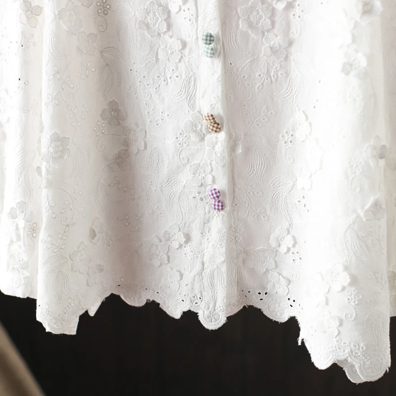 Primavera outono botões coloridos blusa de algodão topos roupas femininas cor branca bordado e camisas e blusas ocas u109