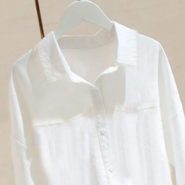 Chemise en pur coton pour femmes, manches longues, polyvalente, ample, décontractée, haut blanc, à la mode