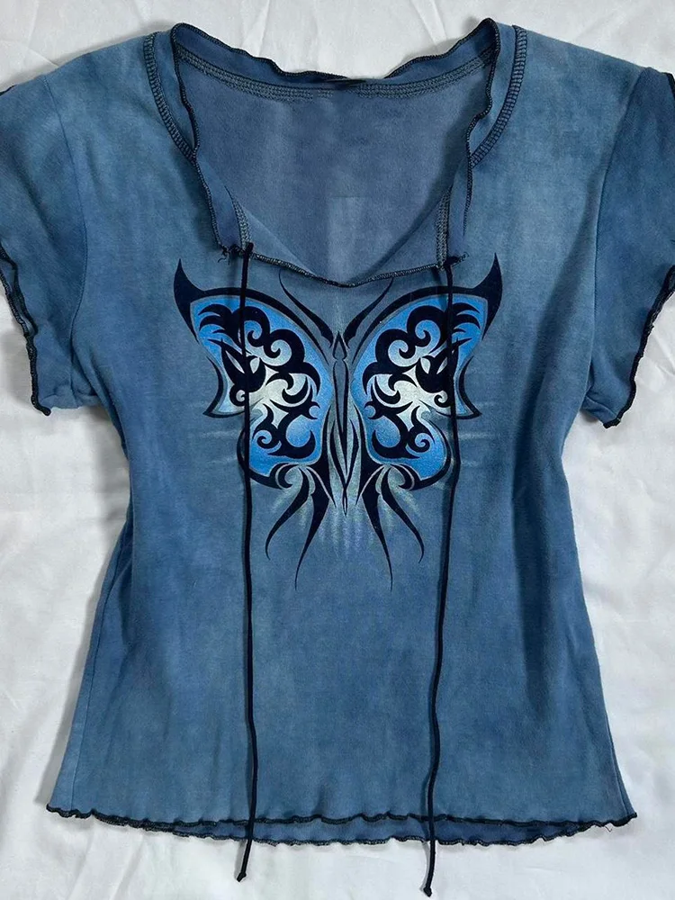 تي شيرت نسائي بتصميم فريد وطباعة زرقاء بأكمام قصيرة، قطعة علوية عصرية من القطن للارتداء اليومي، أنيقة بطابع قديم لفصل الصيف ل... #2