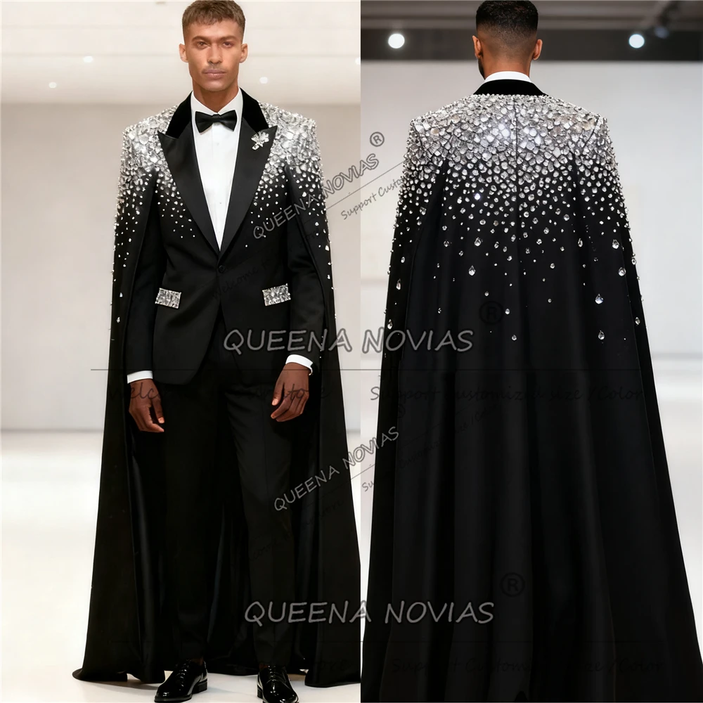 Exquisiter Hochzeits-Smoking-Anzug mit Perlenkristallen, 2-teiliges Set, einreihiger Blazer mit Umhang, lang, maßgeschneidert