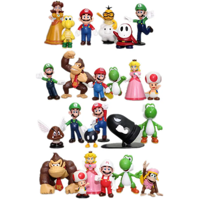 In Stock Super Mario Bros Pvc Action Figure Toys Dolls Model Set Luigi Yoshi Donkey Kong Mushroomfor Kids Birthday Gifts