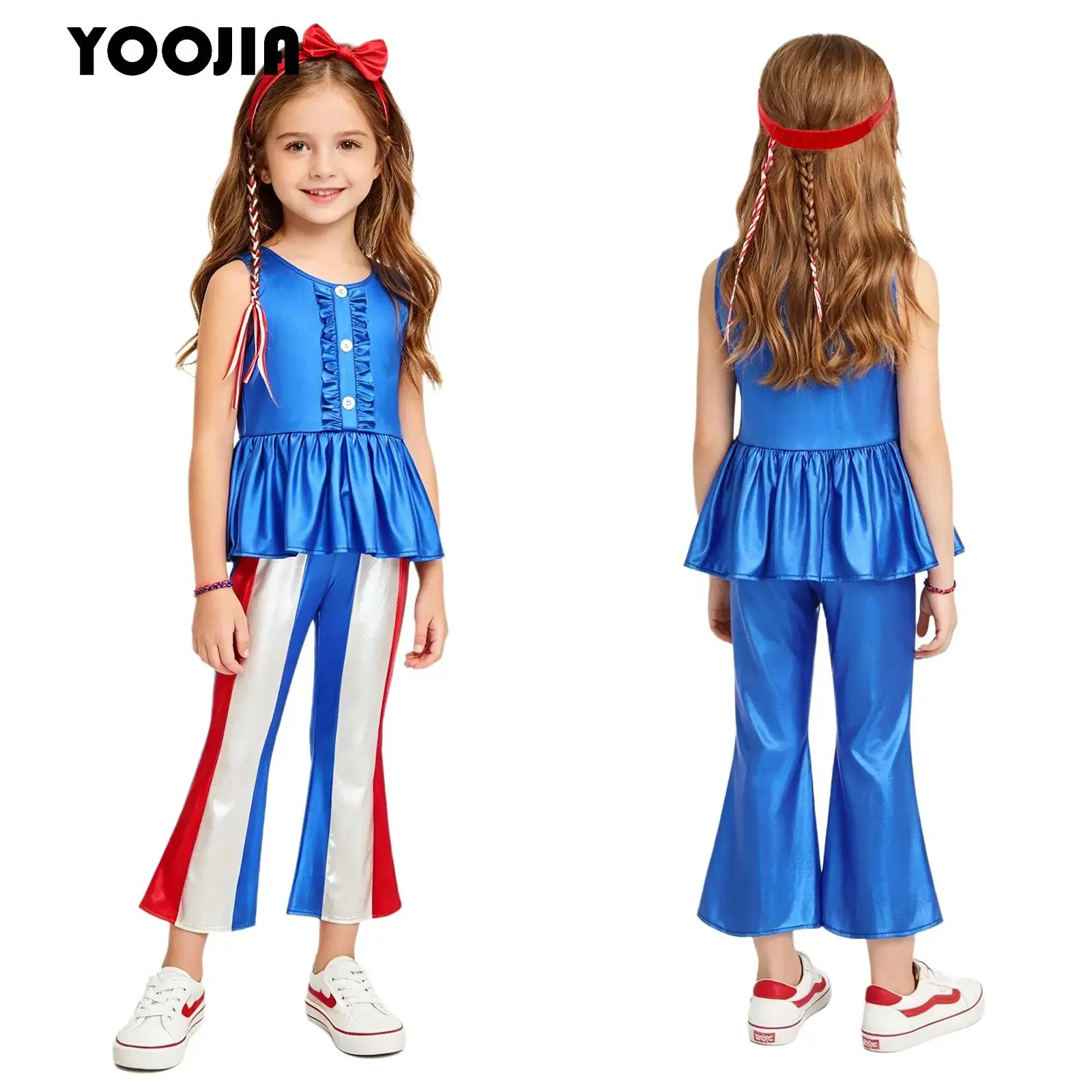 Child Girls Independence Day Stars Costume Outfit Frilly Trim Vest Tank Top with Metallic Shiny Stripe Flared Pants And Headband