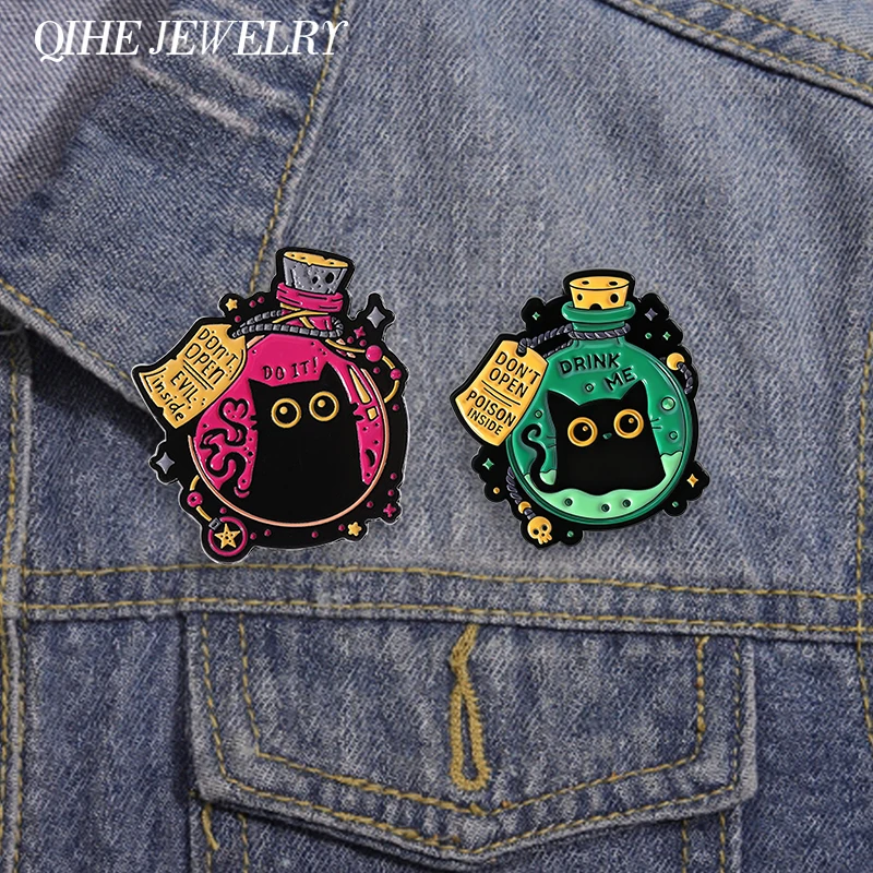 Cartoon-Hexe, schwarze Katze, Elfe, Emaille-Anstecknadeln, nicht giftig öffnen, Katzenbroschen, Rucksack-Revers-Abzeichen, lustiger Schmuck, Geschenk für Freunde