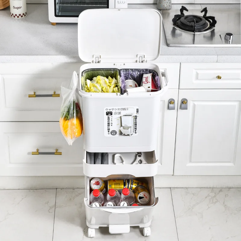 Household creative kitchen trash can food waste dry and wet classification three-layer movable press trash can high value
