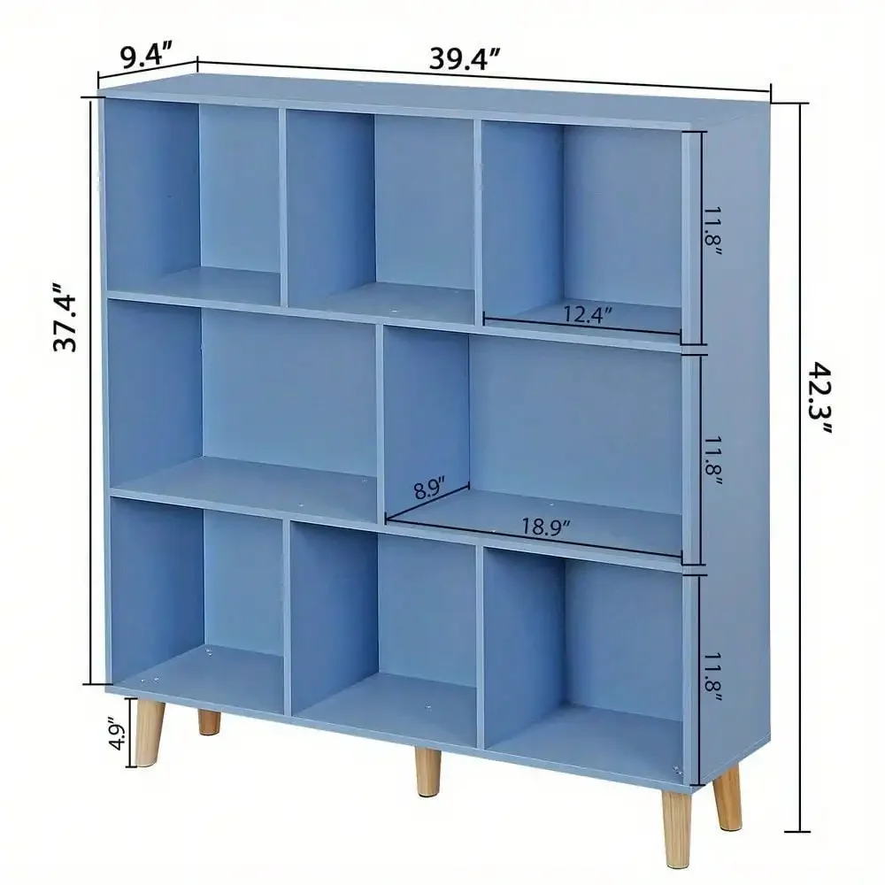 Bibliothèque à étagères ouvertes en bois bleu vif, bibliothèque à 3 niveaux, 8 cubes, évaluation avec pieds