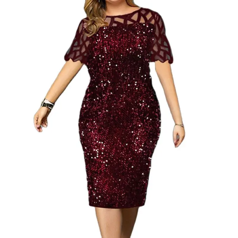 2022 Women Shiny Party Dresses M-5XL Size Evening Clothing O Neck Lace Short Sleeve Sheath Vintage Sequin Wedding Dress Ladies