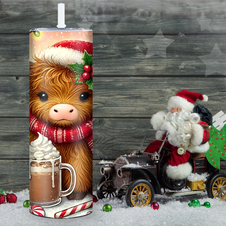 20oz Party Coffee Bottle Straw Lid 3D Print Highland Cow Party Cups 1Pc Skinny Hot Cold Straight Drink Mug Festive Decoration