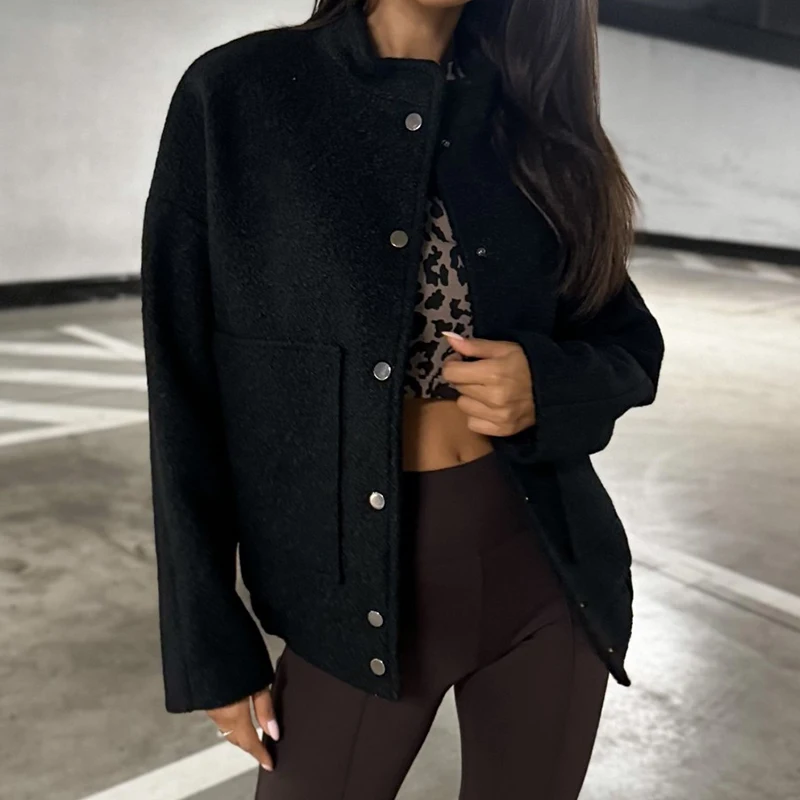 Fashion Stand Collar Long Sleeve Jacket Elegant Single Breasted Solid Pocket Coat Winter High Street Casual Loose Women Outwear