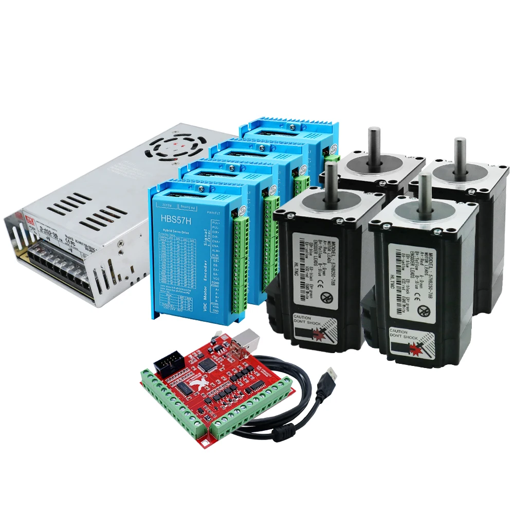 HLTNC Nema 23 2 2.2 2.5 3 Nm محرك حلقة مغلقة سائق HBS57H 350 واط 24 فولت إمداد الطاقة 4-محور واجهة مجلس عدة لجهاز التوجيه باستخدام الحاسب الآلي