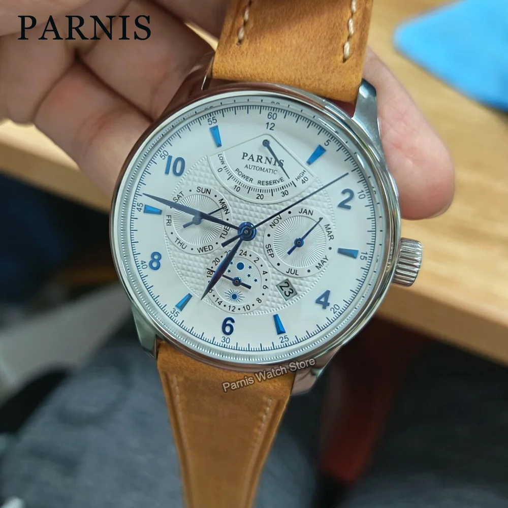 Parnis 43mm Sapphire Crystal 9100 Automatic Men Watch White Dial Power Reserve Indicator Stainless Steel Case Brown Strap
