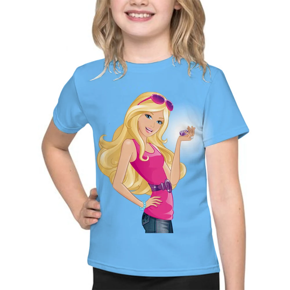 T-shirt manches courtes pour fille, estival et décontracté, avec impression de dessin animé Barbie, 2024