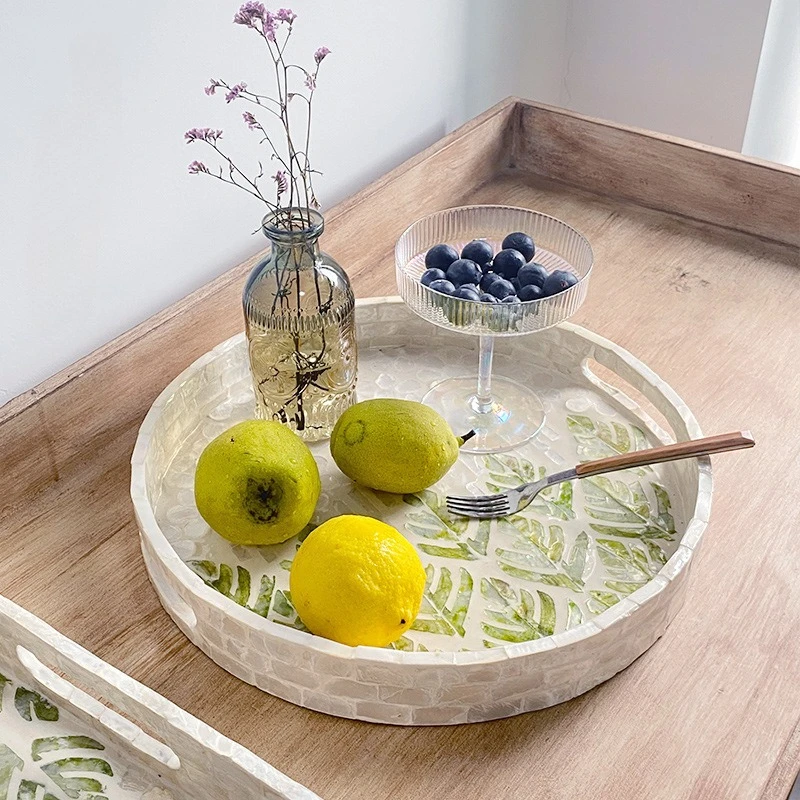 Luxury Shell Inlay Round Tray, Decorative Serving Plate for Living Room Bedroom, Elegant Cake Coffee Table Storage for Home