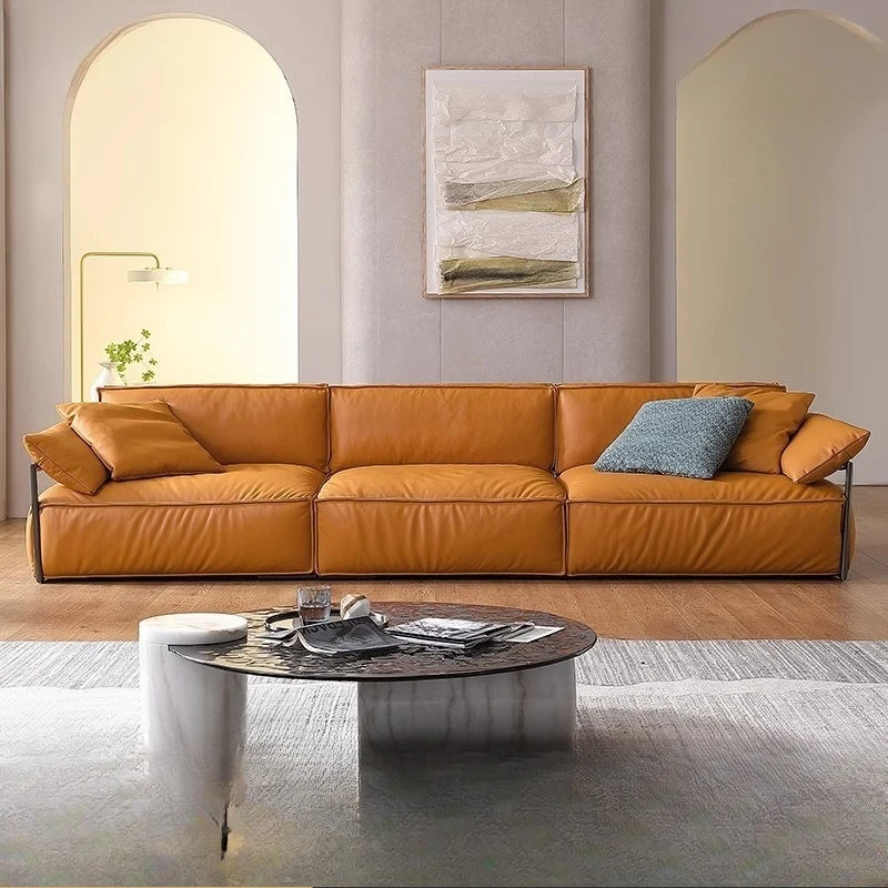 Italian minimalist leather sofa first layer cowhide small apartment down straight row three people