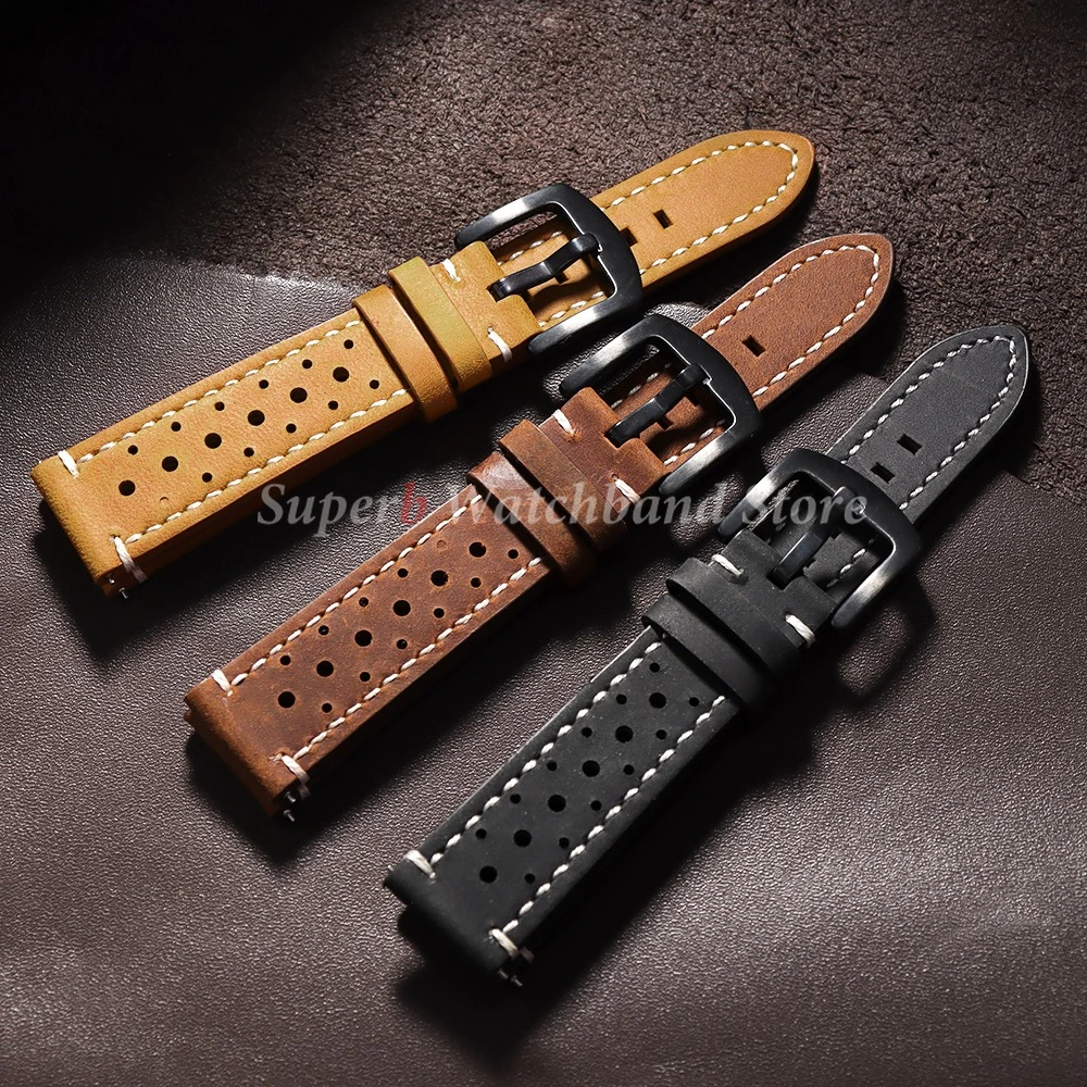 حزام من جلد البقر لساعة سامسونج جالاكسي 18/19/20/21/22/24 مللي متر سوار معصم ريترو قابل للتنفس لسوار Seiko سريع الإصدار