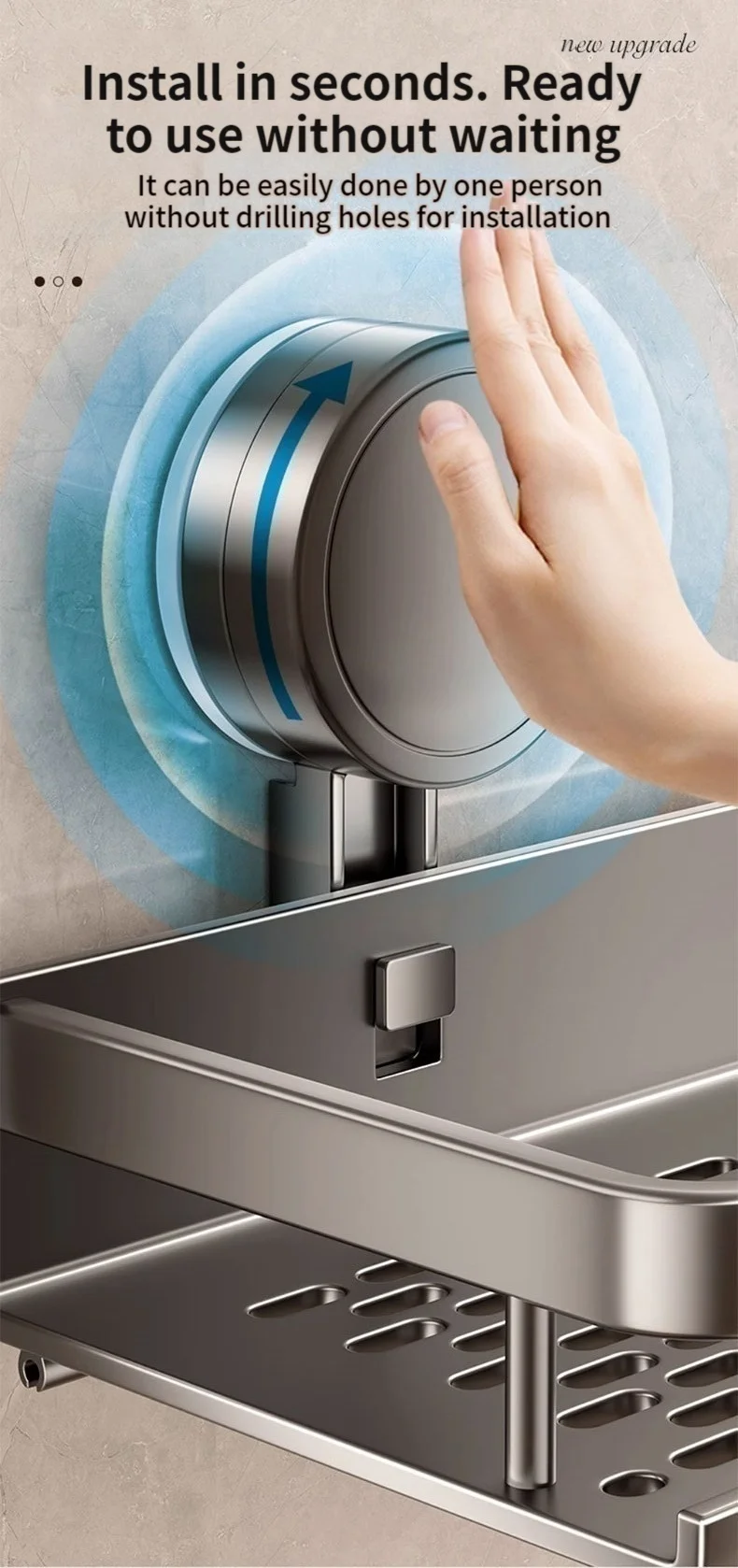 Kein Bohren, Saugnapf, selbstklebendes Badezimmerregal, Badezimmerregal, Toilette, Aluminium-Hängeregal, Badezimmer-Organizer, zum Aufhängen an der Wand – Detail 8