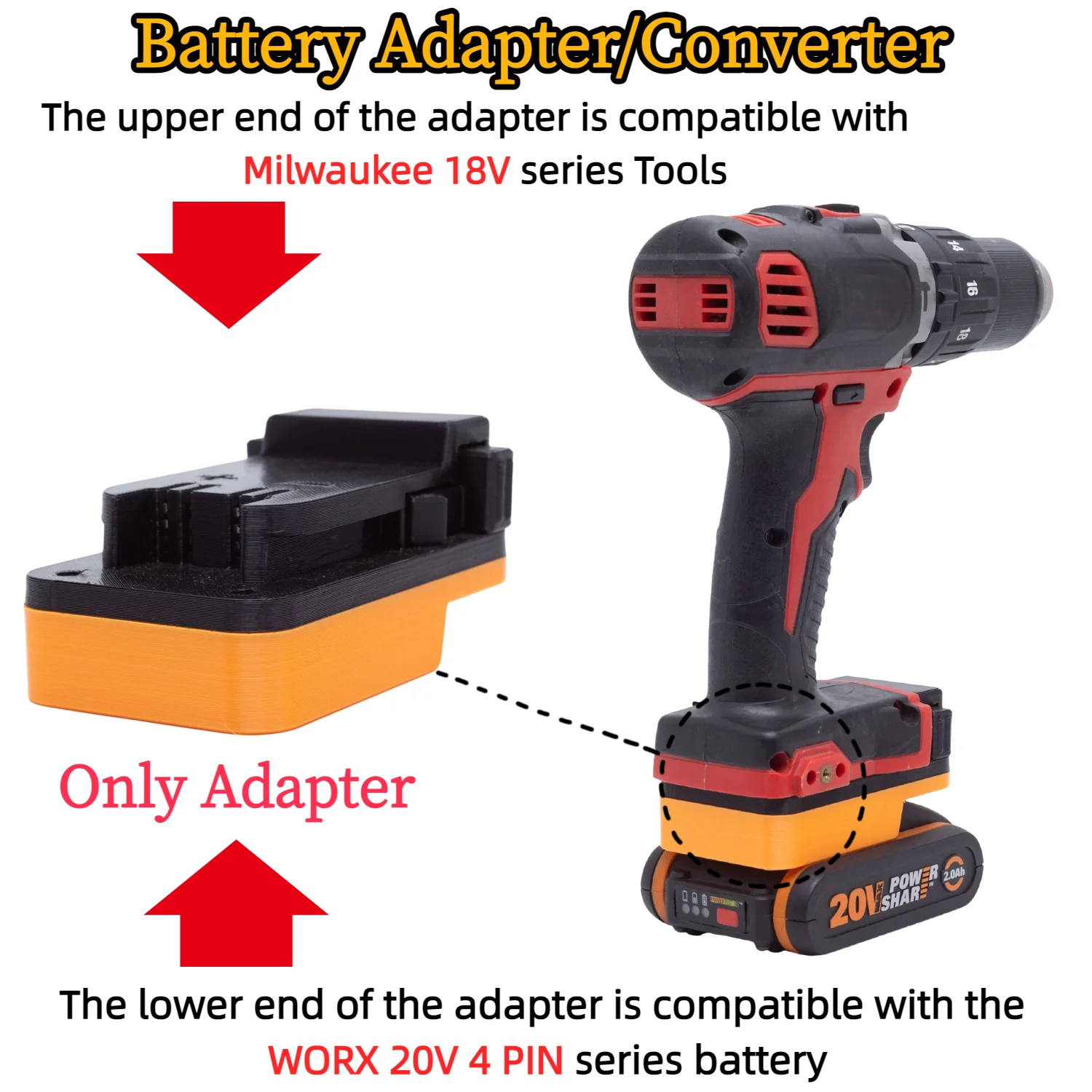 Adapter/Converter for WORX 20V 4 PIN WA3551.1 Li-ion Battery TO Milwaukee 18V Cordless Power Tools Accessory(Only Adapter)