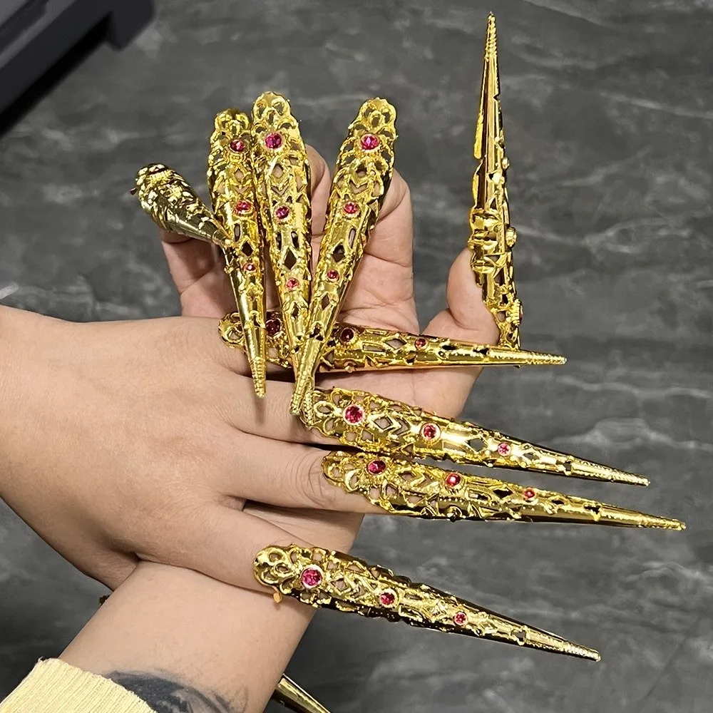10PCS Adjustable Opening Claw Ring Antique Style Long Nails Fingertip Nail Ring Hollow Design Punk Style Knuckle Ring