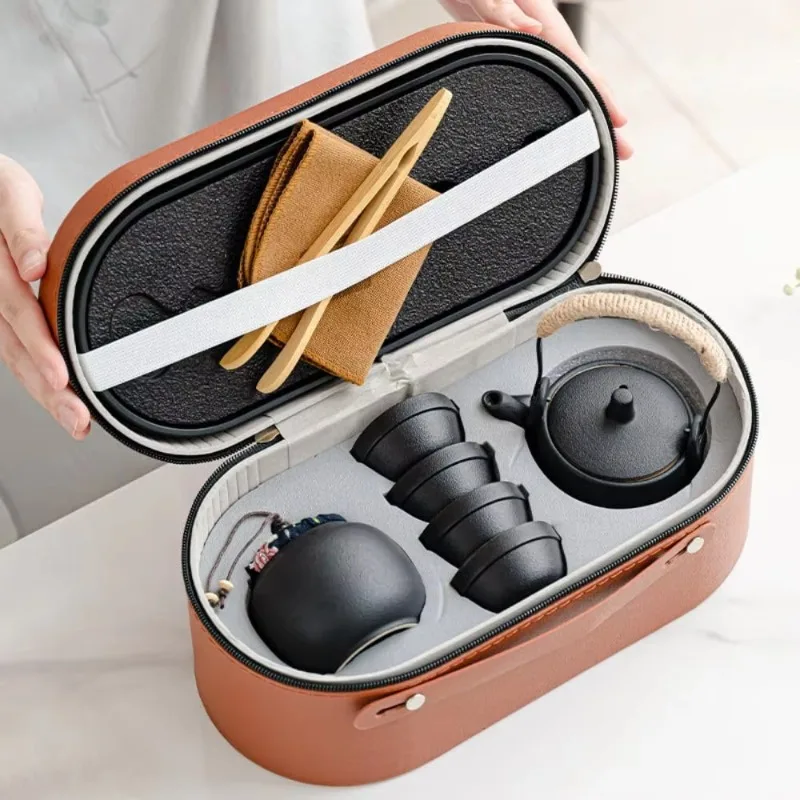 Chinese ceramic purple clay pot cup tea set with travel bag including tea can