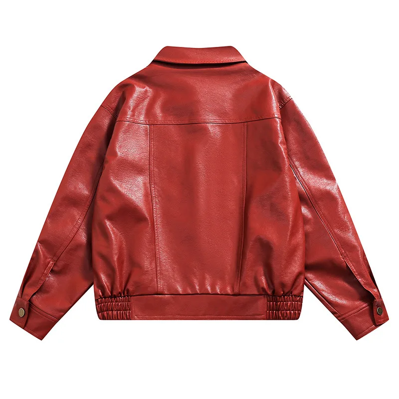 American Retro PU Leather Red Men\'s Jacket Lapel Collar Casual Loose Fitting Fashion Leather Jackets Couple Street Harajuku Coat