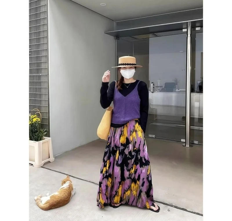 Falda larga plisada avanzada con franjas de carne Retro, falda larga estampada adelgazante de nueva moda