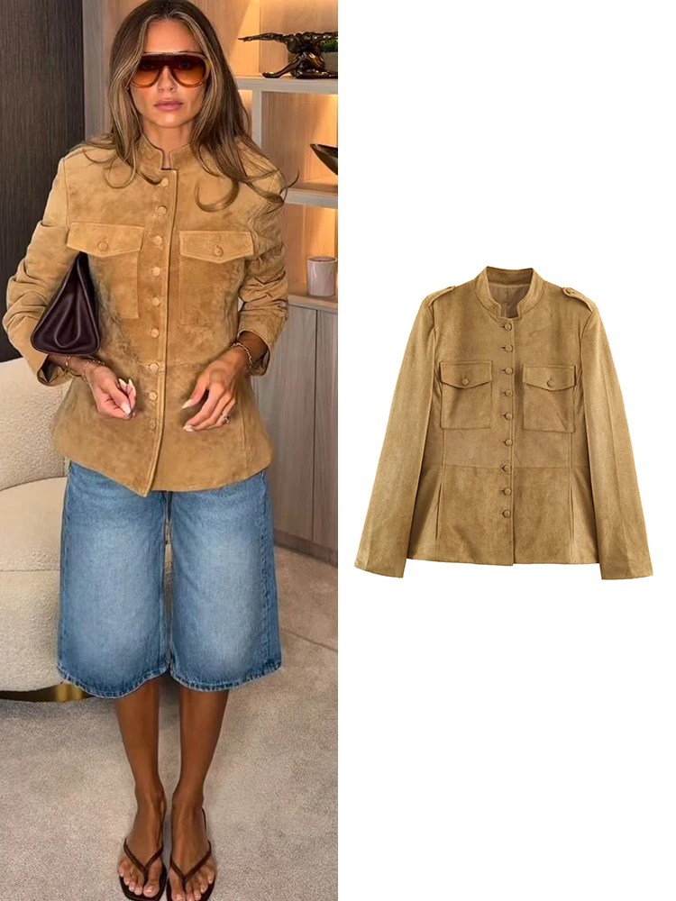 TFMLN Neue Damen-Wildlederjacke 2026 Herbst Stehkragen Lange Ärmel Einreihig Lässige Jacke mit Taschen Damen-Outfit
