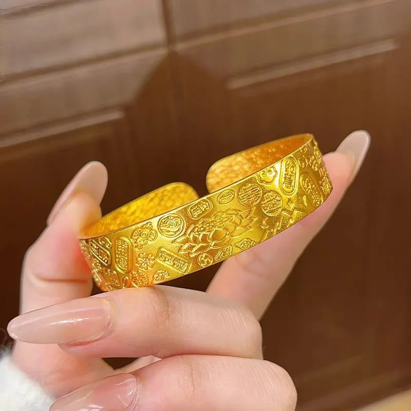 Luxury 24K 9999 Pure Gold real gold Women's Jiyan Babao Lotus Open Bracelet Wide Edition Bracelet
