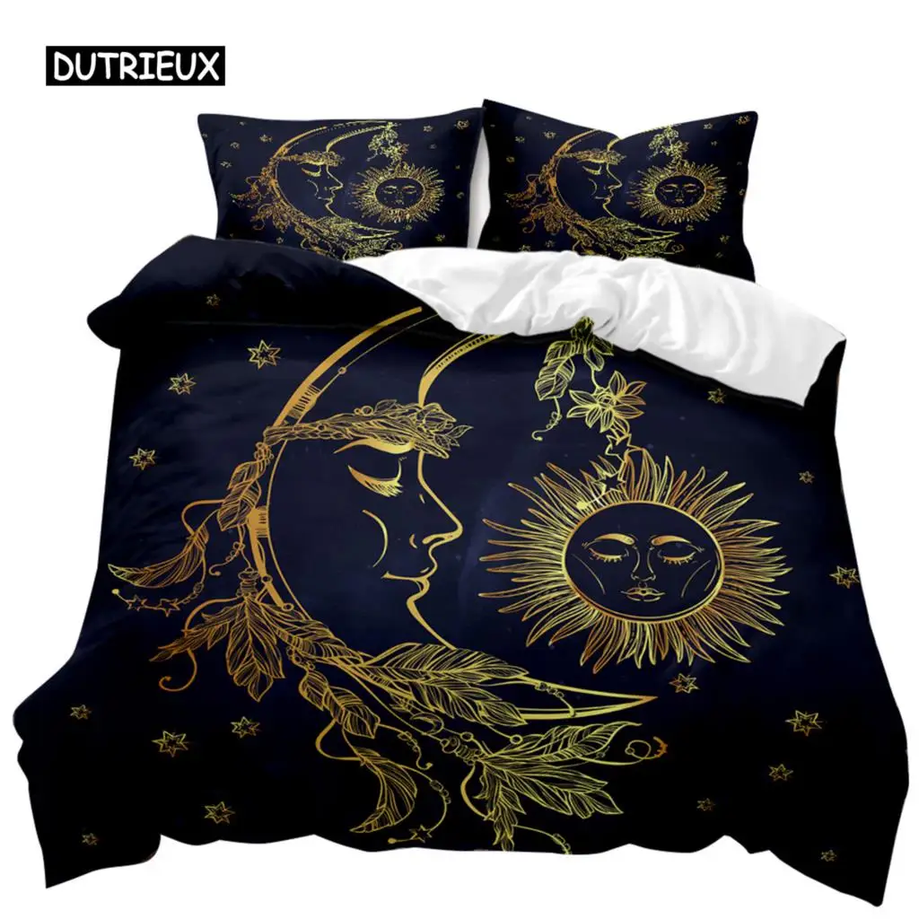 

Bohemian Duvet Cover Set 3D Golden Sun and Moon Bedding Set for Kids Teens Adults Double Queen King Size Polyester Qulit Cover