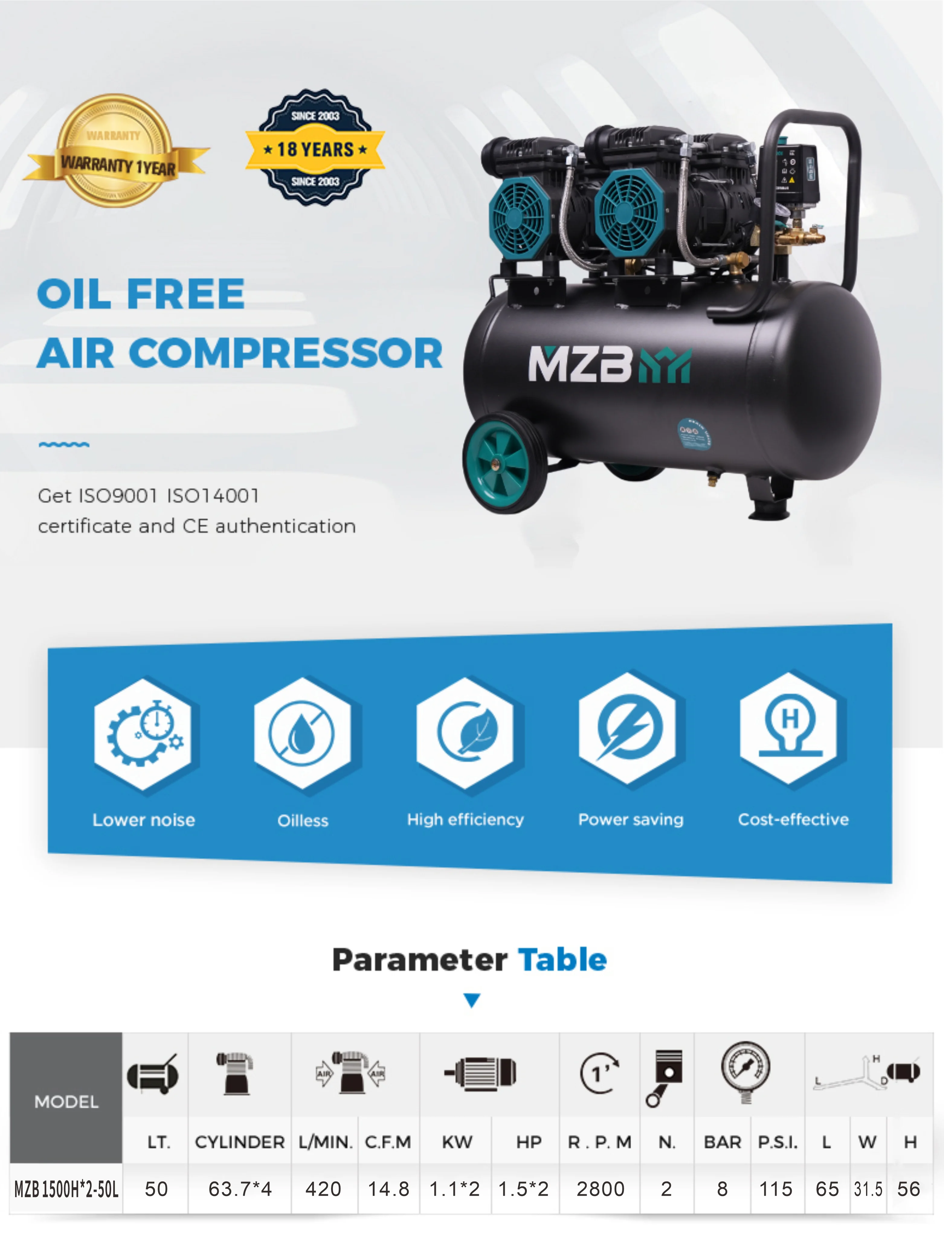 Factory Direct Sell 6.8hp 140l 8bar Oil Free Noiseless Air Compressor 50L