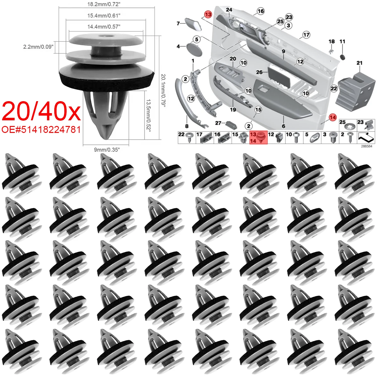 

20/40X Car Door Panel Card Trim Cover Fixing Clips 51418224781 For BMW E88 F45 E36 E46 E90 E91 F32 F33 F82 E60 E61 X1 E84 X3 E83