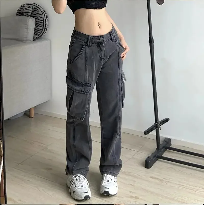 Women Y2k Cargo Jeans 2025 Autumn Big Pockets Vintage Cyber Jeans Hippie Trousers Baggy Pants Chic Straight Emo Bottoms BF