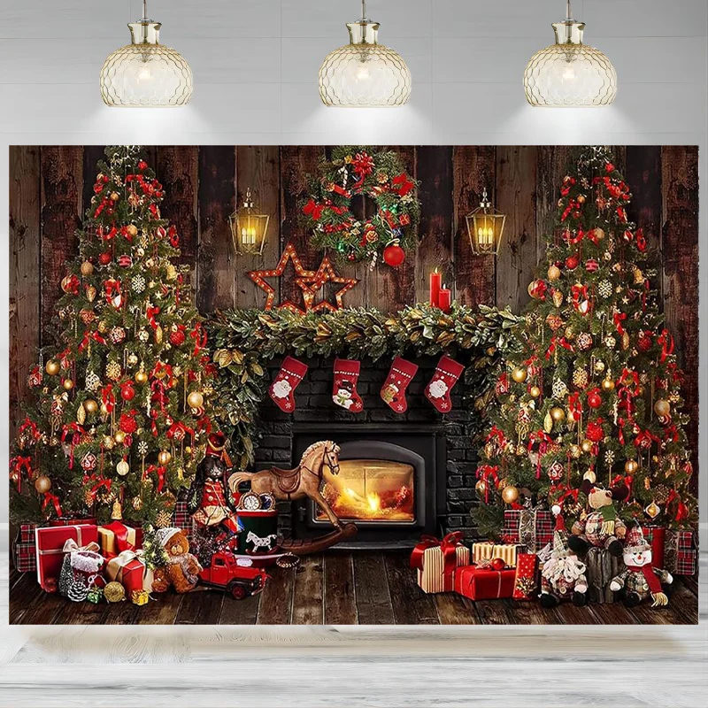 

Christmas Backdrop Photography Rustic Wood Christmas Fireplace Holiday Xmas Tree Gift Decoration Background Banner