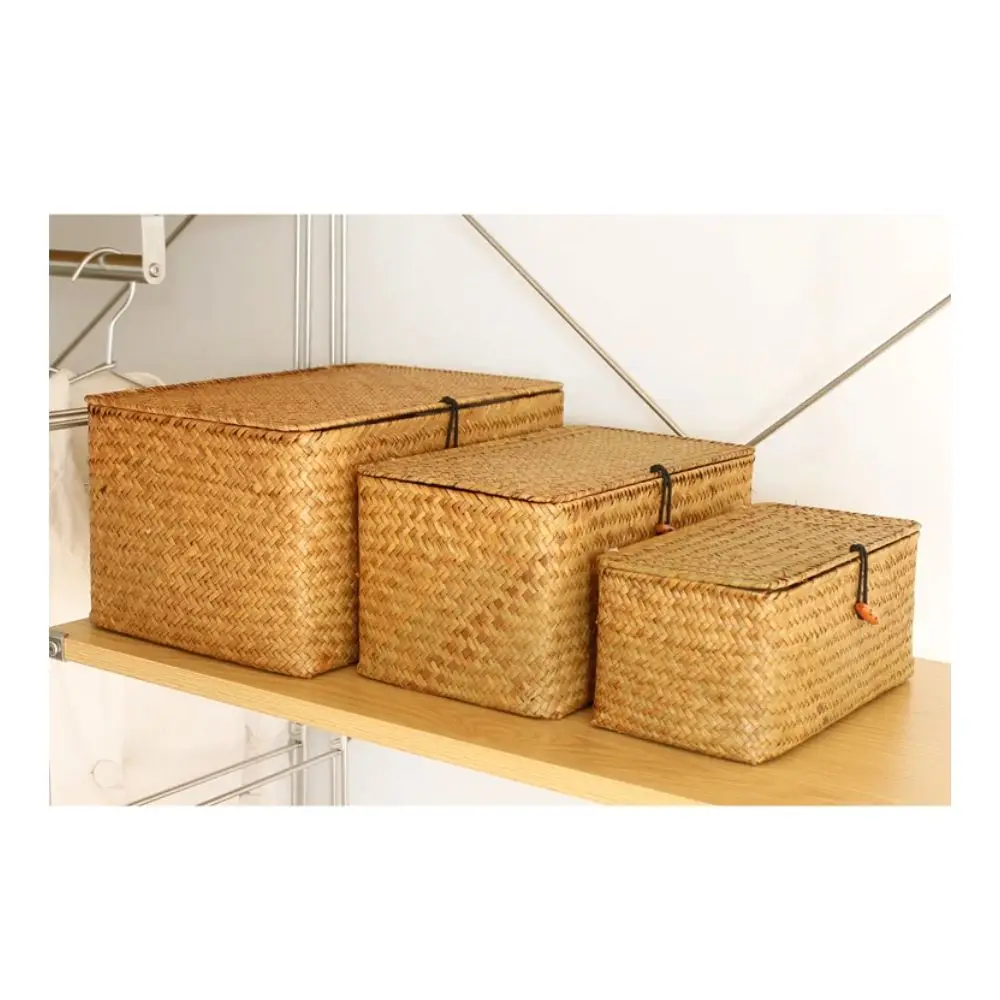 Flat Woven Wicker Storage Bins with Lid Natural Seagrass Basket Boxes Multipurpose Home Toys Organizer Boxes for Shelf Organizer