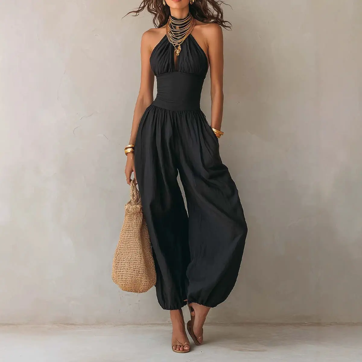 Women's Slim Jumpsuit Halter Neck Summer Jumpsuit Sleeveless Wide Leg Long Pants Romper High Waist One Piece Overalls