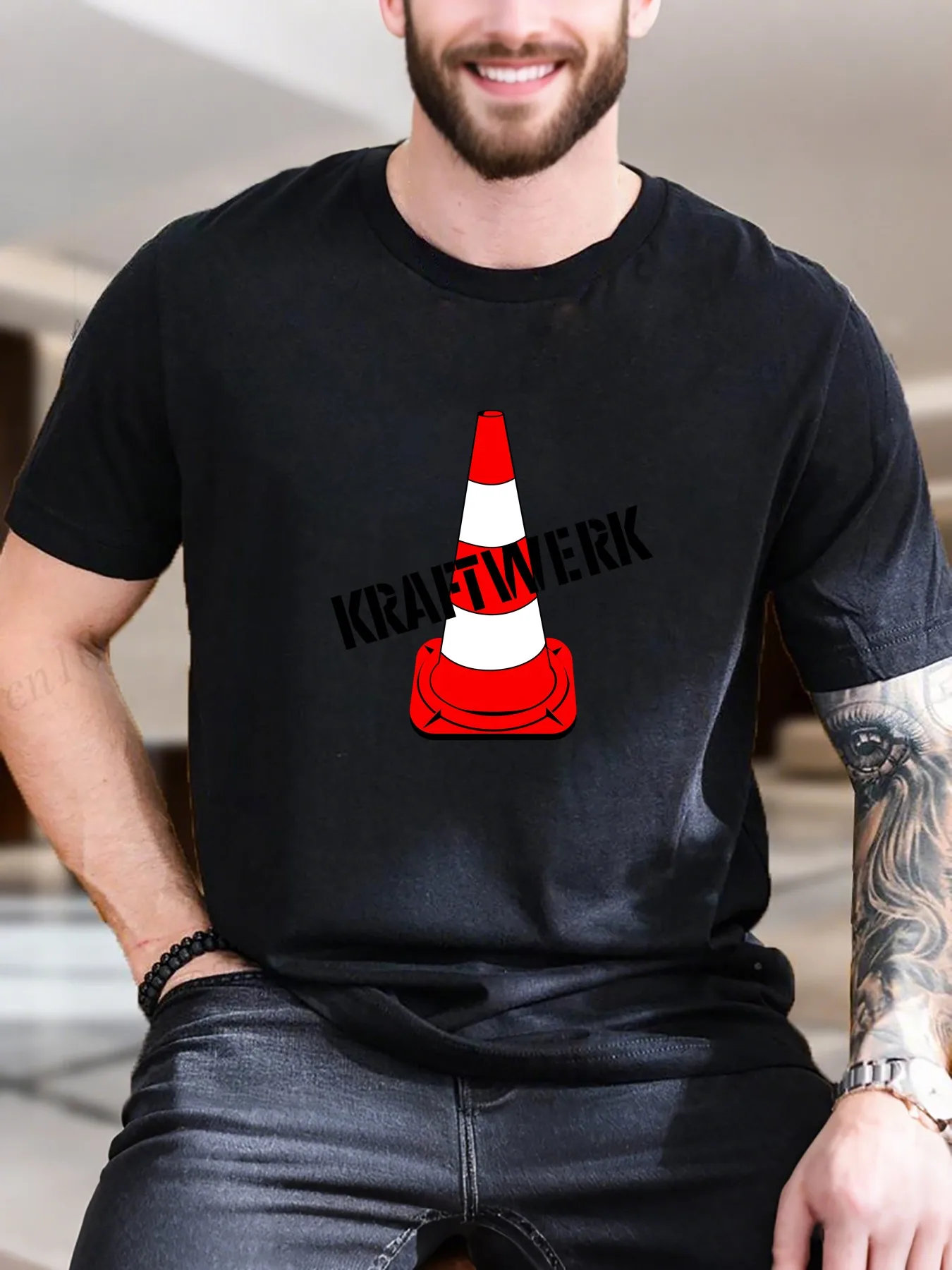 

New Arrival Fashion Men's Traffic Cone Print Cotton T-Shirt Breathable Soft Pure Cotton Trendy Streetwear Casual Tee with Un [Unintelligible Ending]