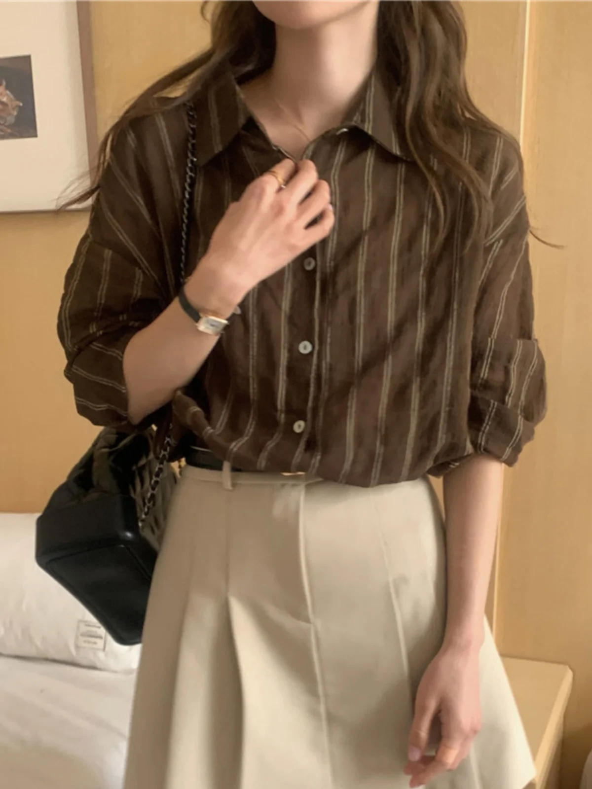 Frühling Sommer Streifen irt Frauen Lange Sve Dünne Sonnenschutz Kragen Basis Top Koreanische Sle Lose Fit Taste Detail