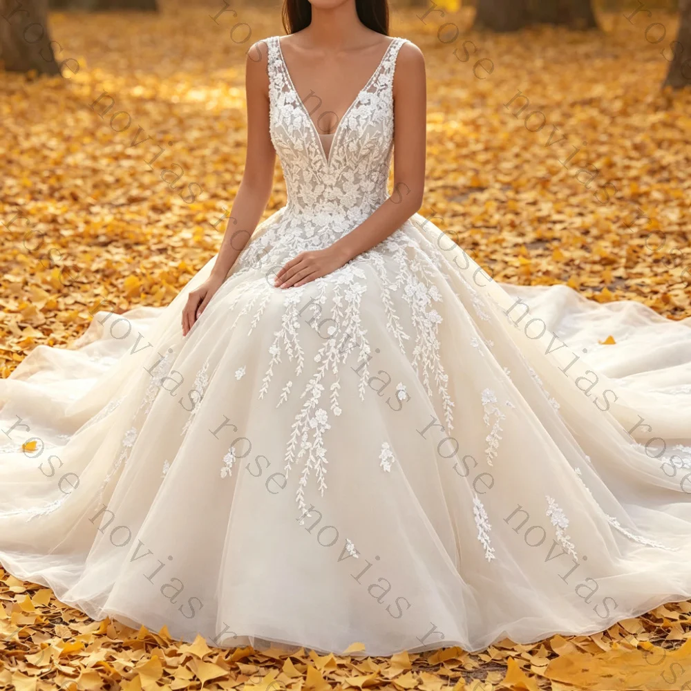 Customized Deep V Sleeveless Floral Lace A Line Wedding Dress Appliqued Tulle Skirt Chapel Train Romantic Elopement Bridal Gown