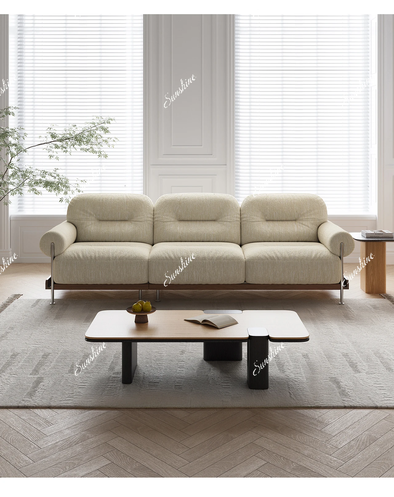 French retro living room small apartment solid wood straight row chenille fabric removable sofa