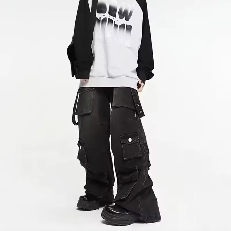 الخريف Y2K شارع العليا الجينز رجالي متعدد جيب الهيب هوب البضائع السراويل خمر مستقيم واسعة الساق سراويل جينز موضة الشارع الشهير