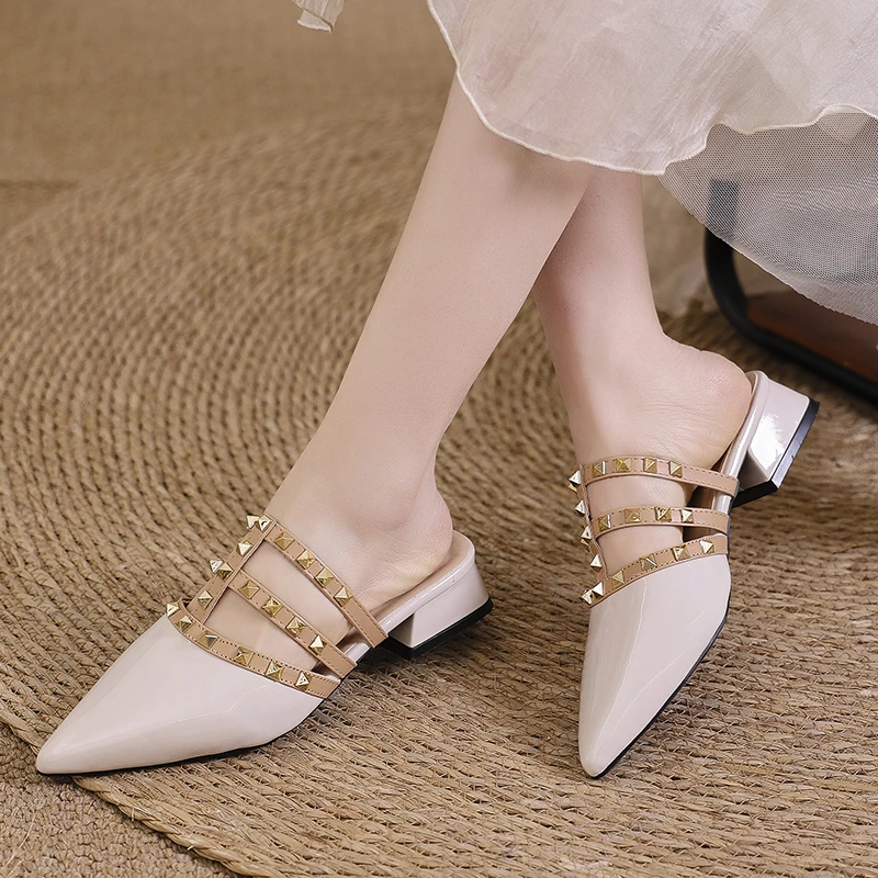 Patent Leather Pointed Toe Half-Slipper High-End Studded Sandals for Women Summer Outdoor Flat Shoes