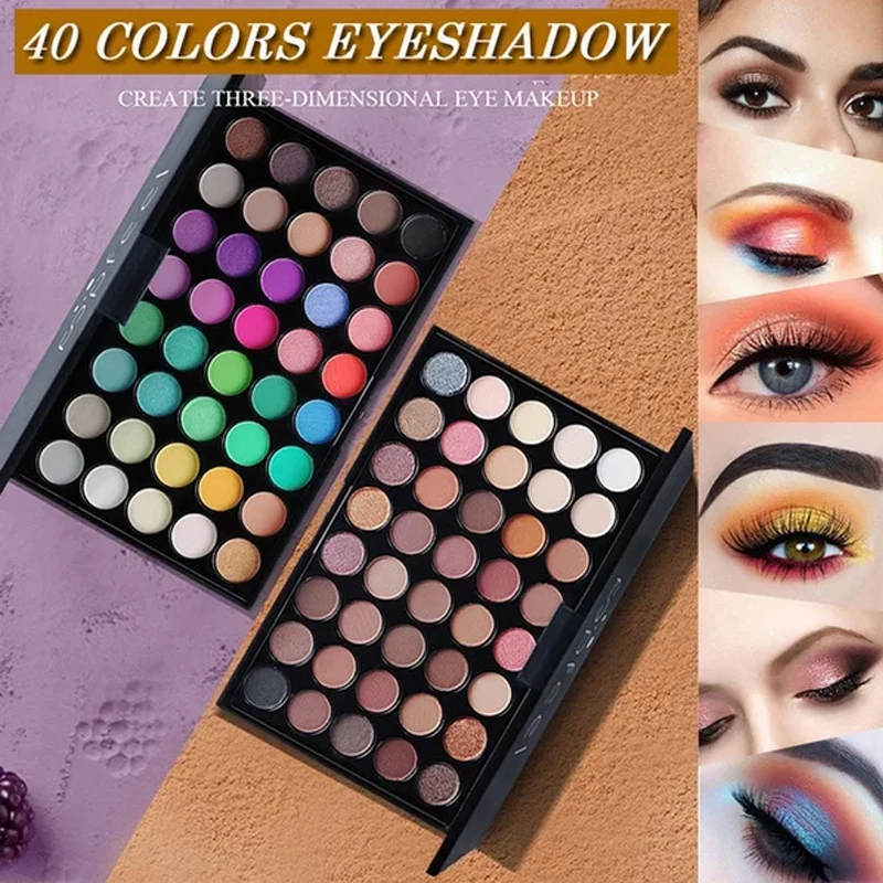 Paleta de sombras com glitter 40 cores, fosca, à prova d'água, longa duração, prensada, pó perolado, cosméticos, moda feminina, maquiagem