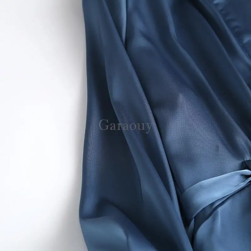 Garaouy 2022 Spring Fashion Women Elegant Blue Satin Dress Long Sleeve Office Ladies Midi Dresses With Slash Robe Female Mujer