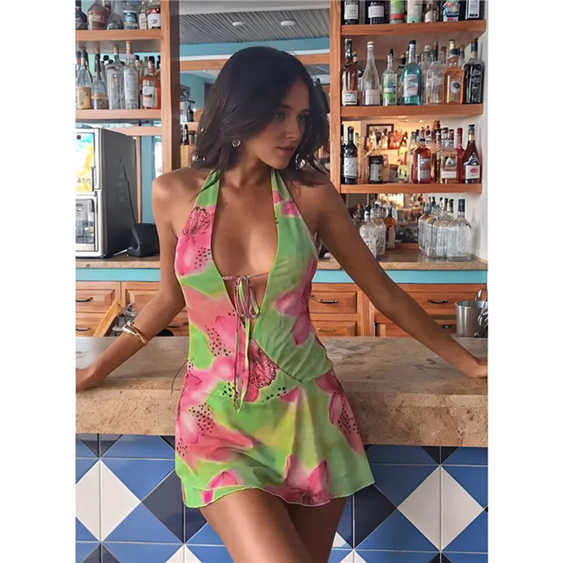 ABP-Mini vestido feminino halter com decote baixo, recorte sem mangas, boho, vestidos curtos, costas abertas, festa noturna, saída, vestido de verão