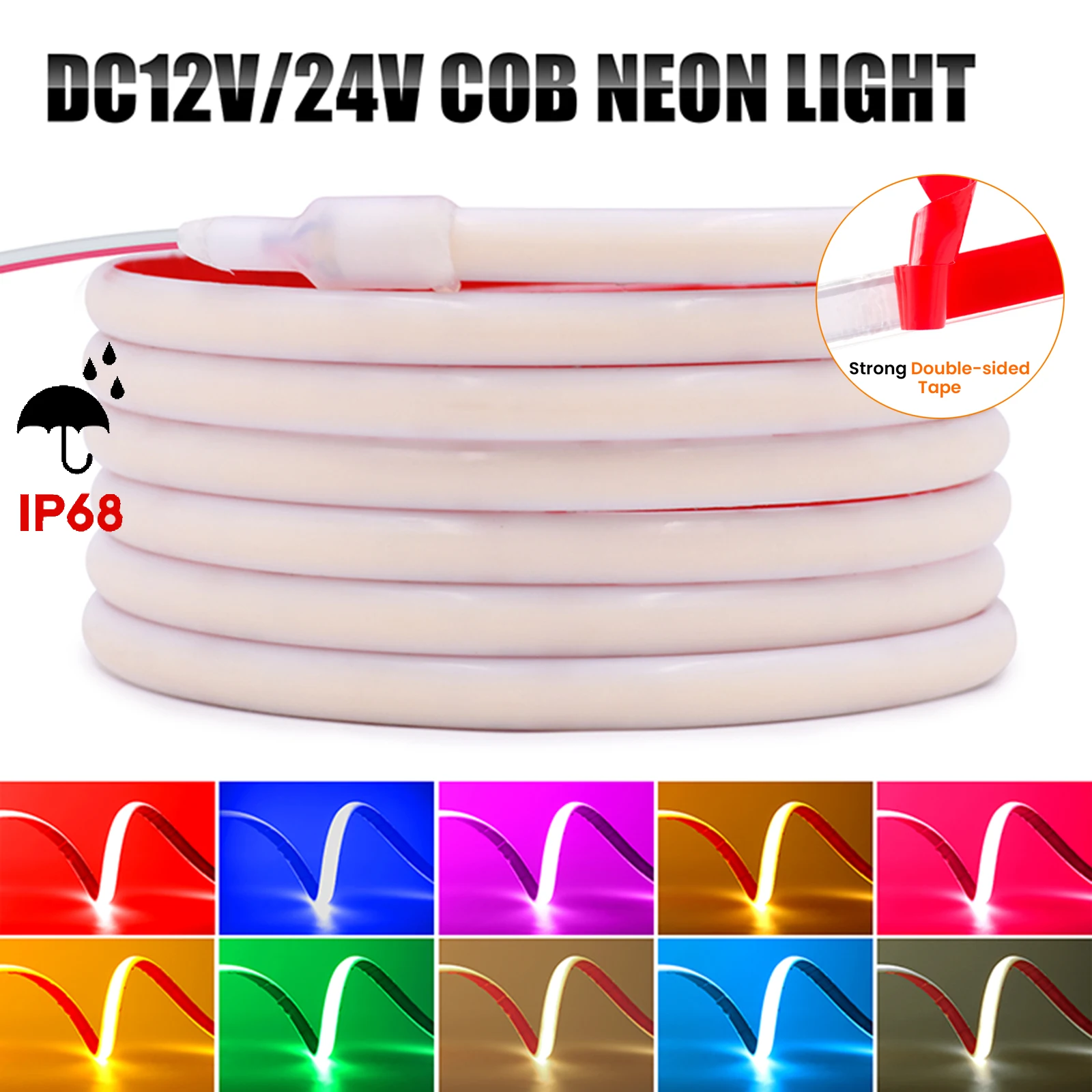 IP68 Waterproof COB LED Strip Light 12V 24V 320LEDs/m Flexible LED Neon Tape for Outdoor Swimming Pool High Density Linear Light